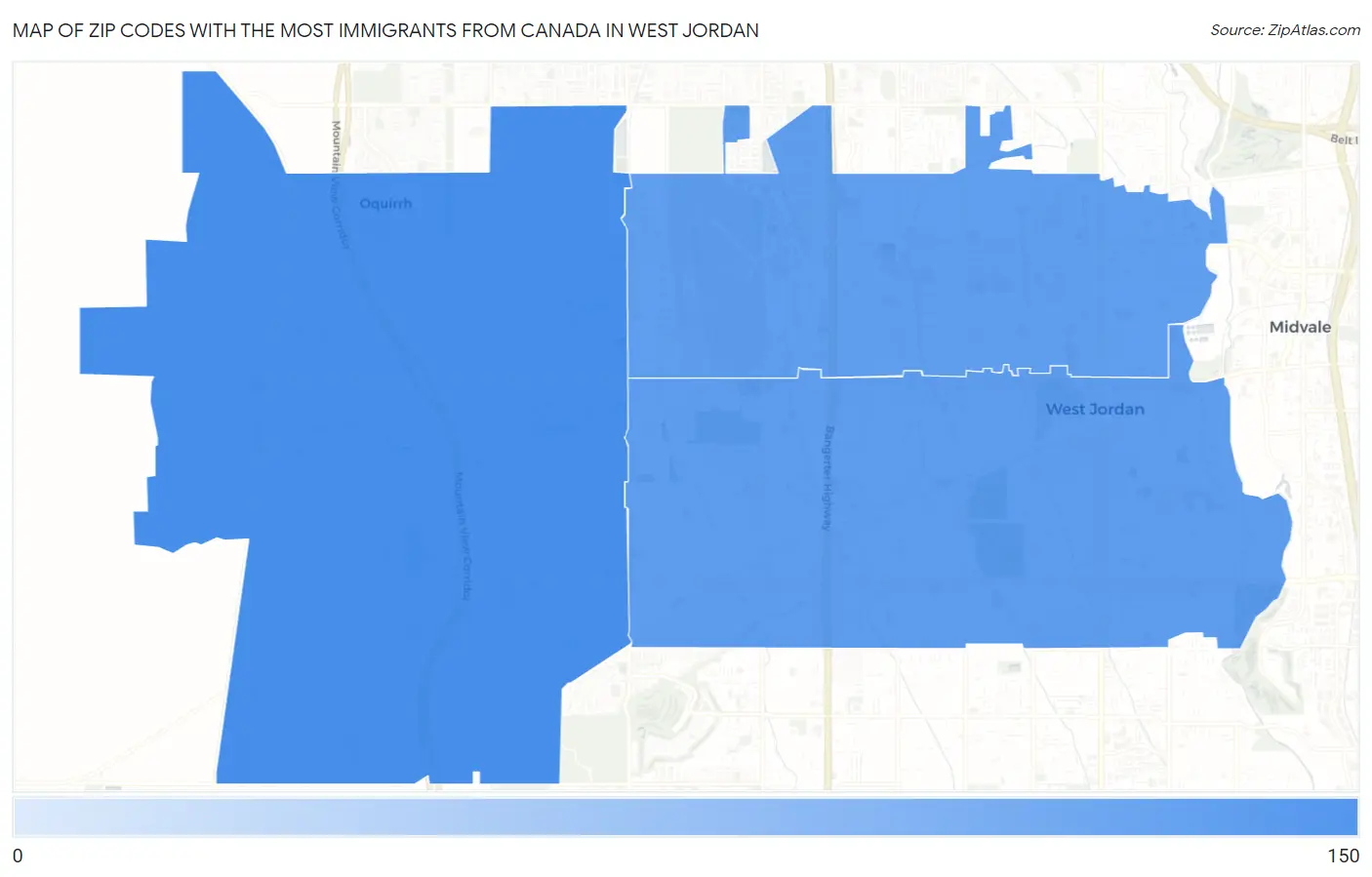 Zip Codes with the Most Immigrants from Canada in West Jordan Map