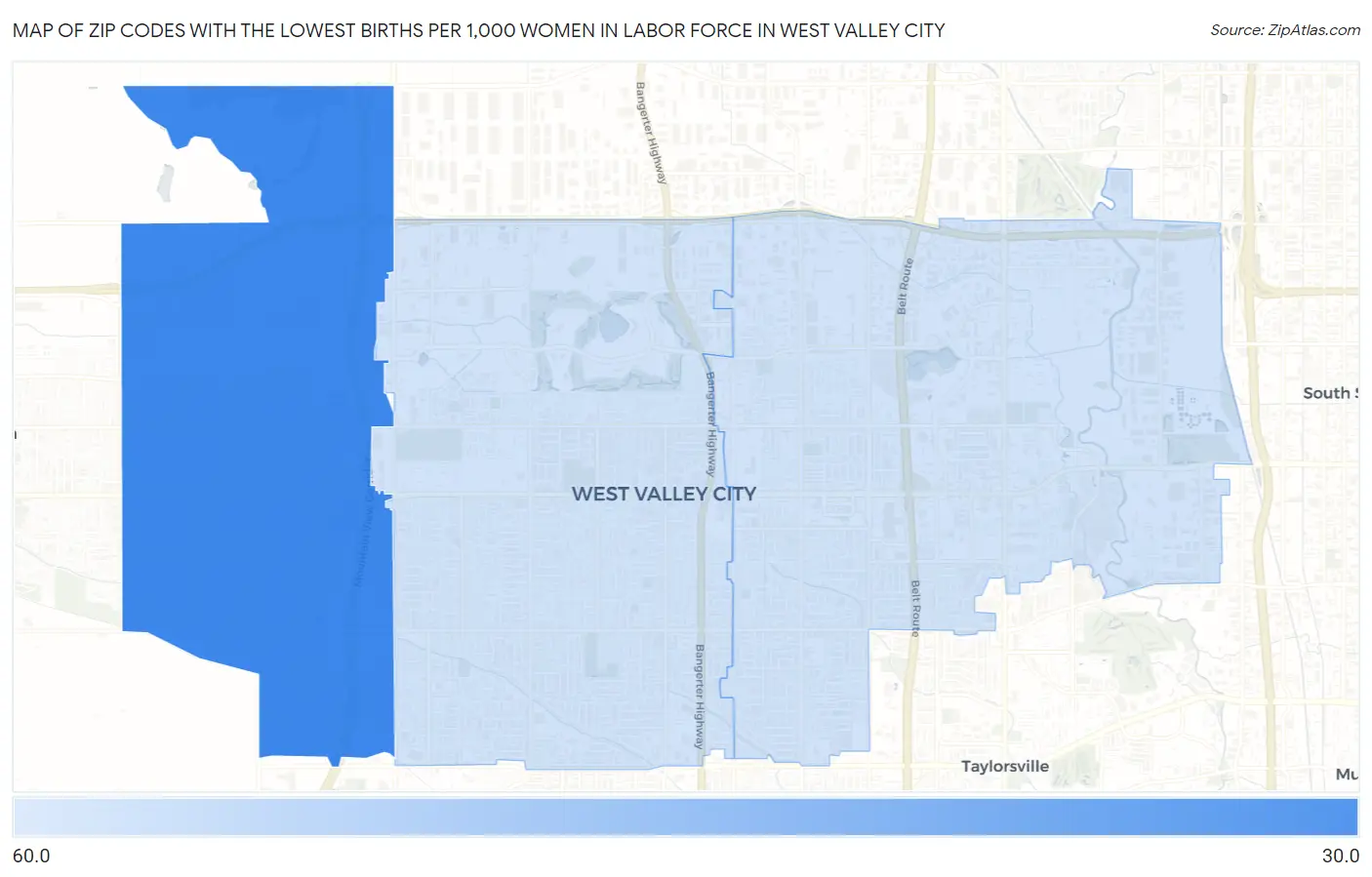 Zip Codes with the Lowest Births per 1,000 Women in Labor Force in West Valley City Map