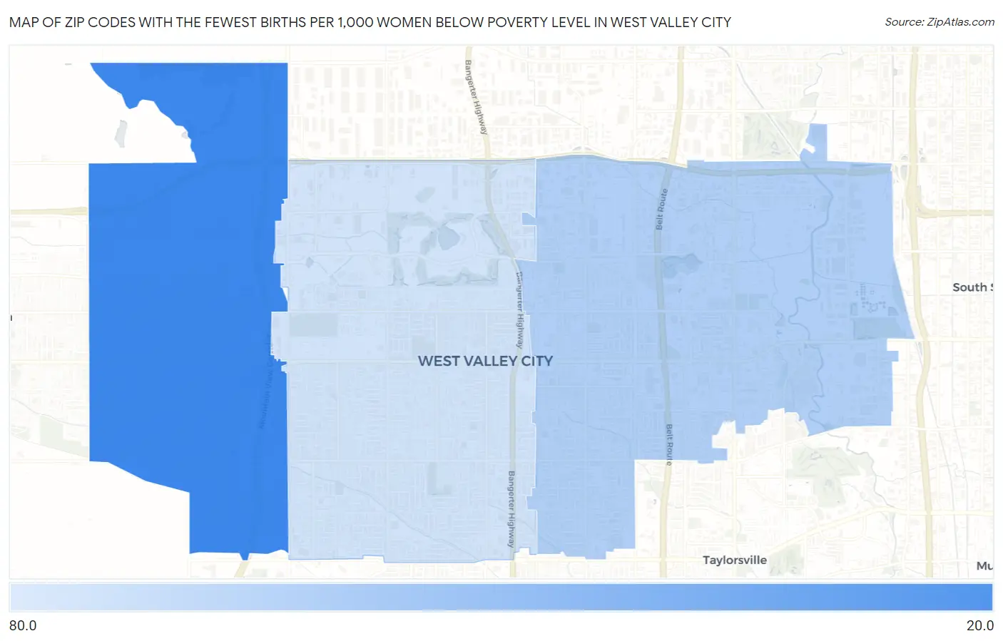 Zip Codes with the Fewest Births per 1,000 Women Below Poverty Level in West Valley City Map
