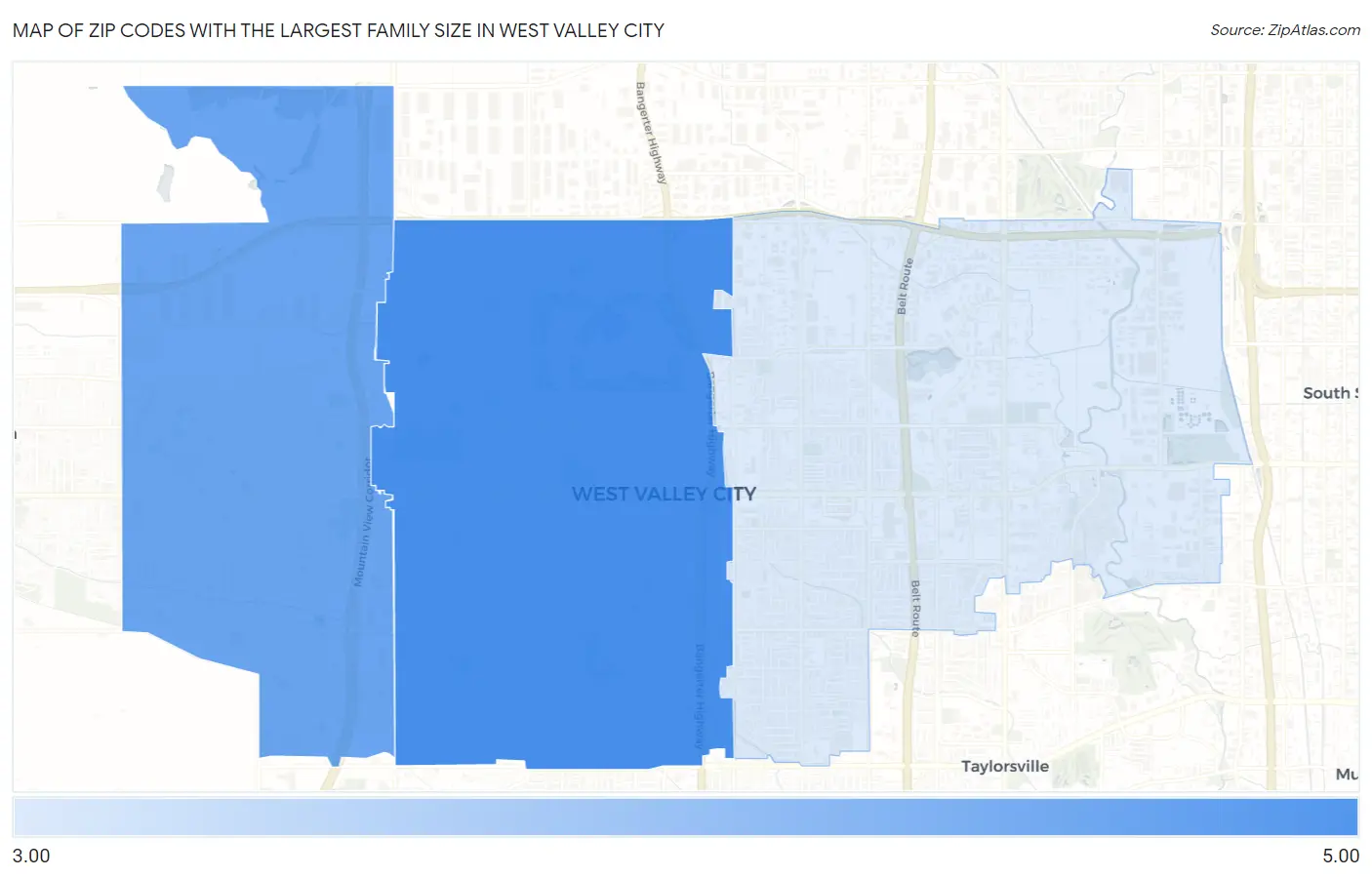 Zip Codes with the Largest Family Size in West Valley City Map