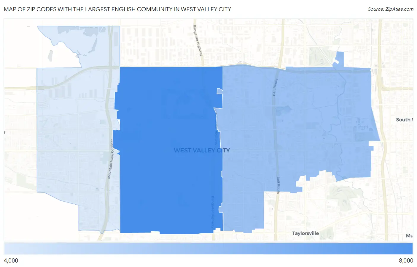 Zip Codes with the Largest English Community in West Valley City Map