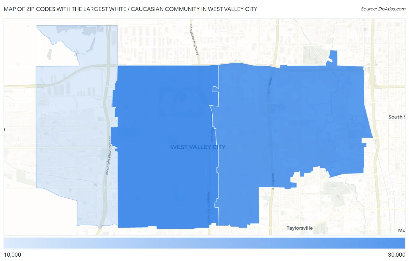 Zip Codes with the Largest White / Caucasian Community in West Valley City Map