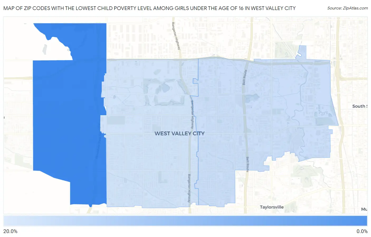 Zip Codes with the Lowest Child Poverty Level Among Girls Under the Age of 16 in West Valley City Map