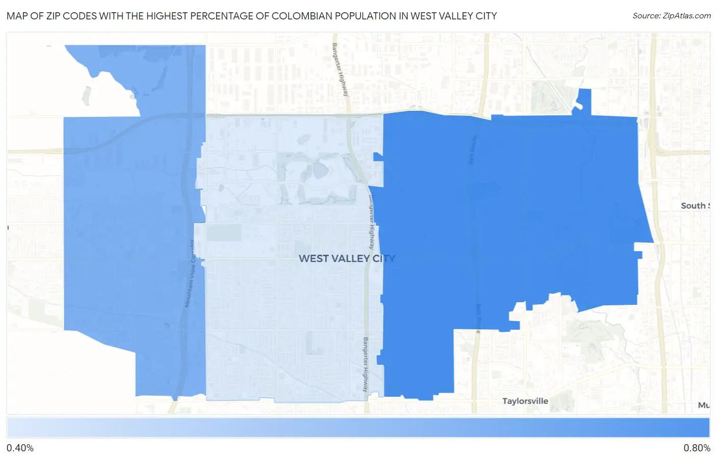 Zip Codes with the Highest Percentage of Colombian Population in West Valley City Map