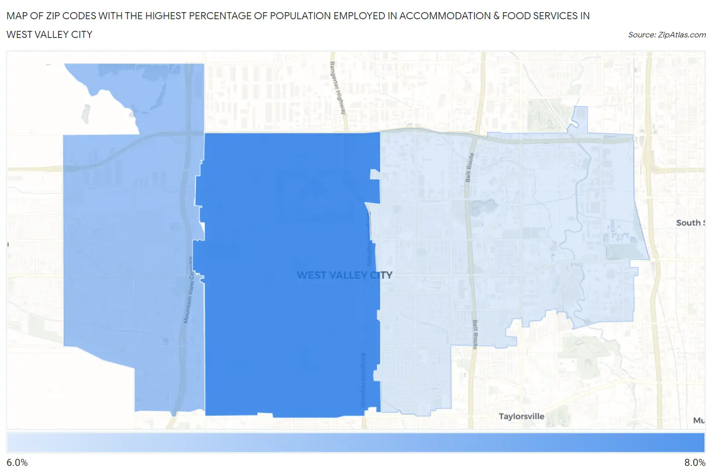 Zip Codes with the Highest Percentage of Population Employed in Accommodation & Food Services in West Valley City Map