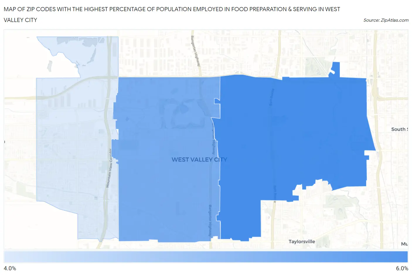 Zip Codes with the Highest Percentage of Population Employed in Food Preparation & Serving in West Valley City Map