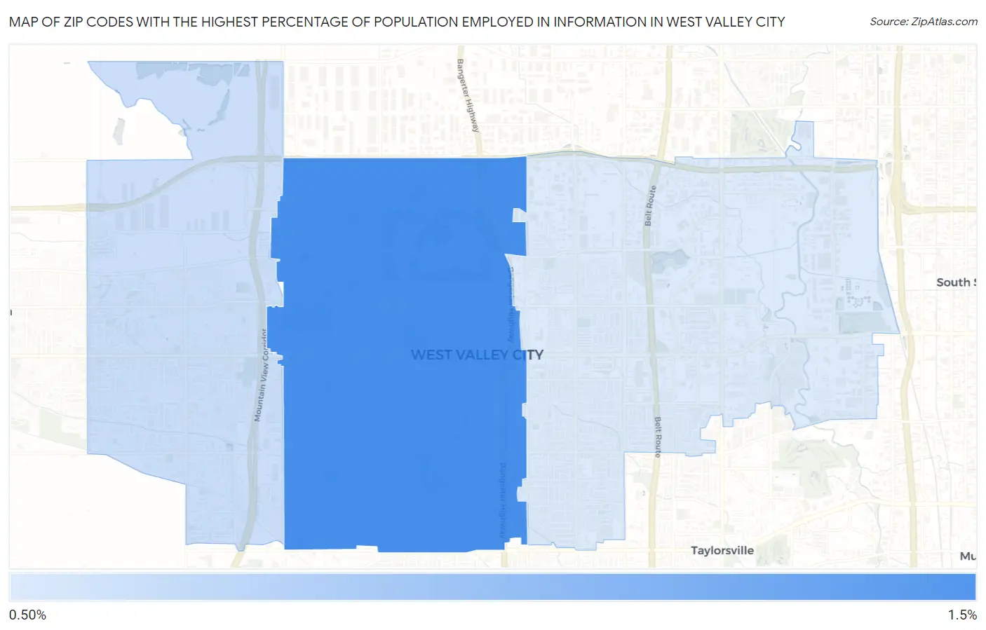Zip Codes with the Highest Percentage of Population Employed in Information in West Valley City Map
