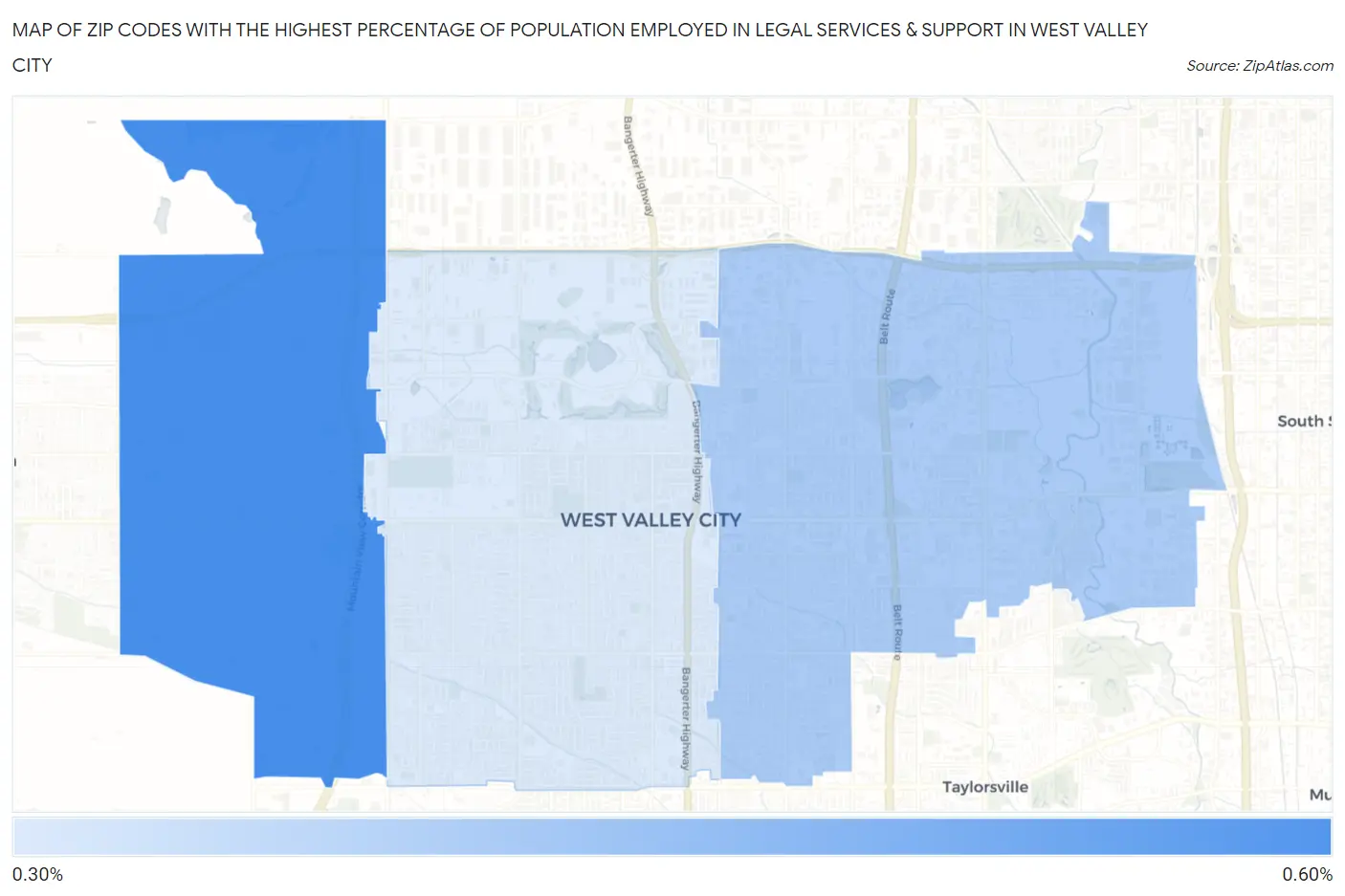 Zip Codes with the Highest Percentage of Population Employed in Legal Services & Support in West Valley City Map