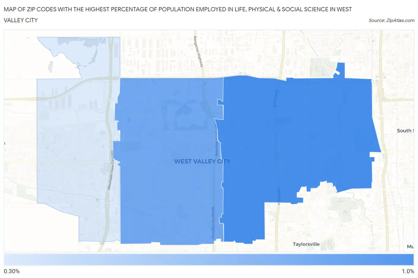 Zip Codes with the Highest Percentage of Population Employed in Life, Physical & Social Science in West Valley City Map