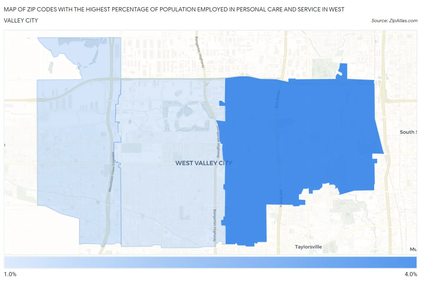 Zip Codes with the Highest Percentage of Population Employed in Personal Care and Service in West Valley City Map