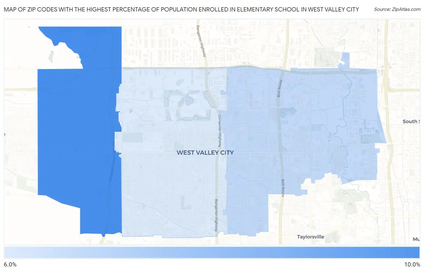 Zip Codes with the Highest Percentage of Population Enrolled in Elementary School in West Valley City Map