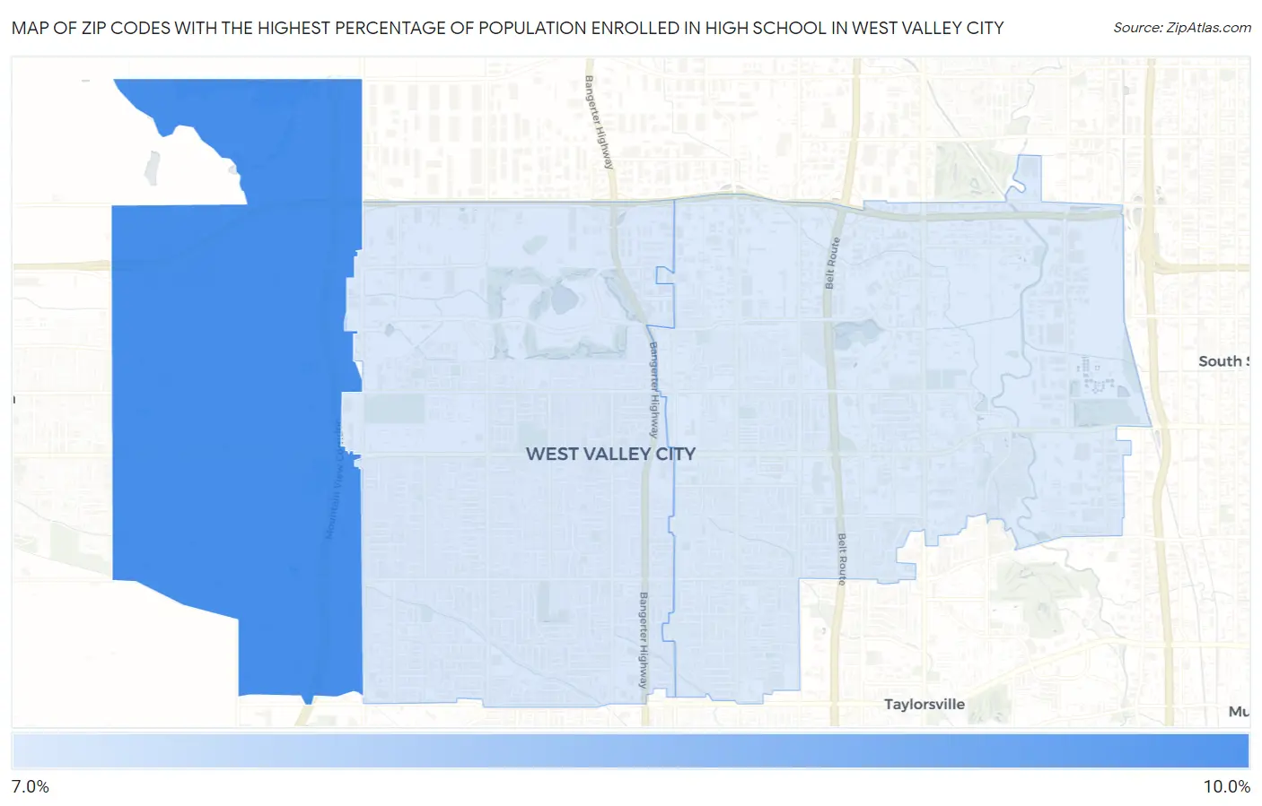 Zip Codes with the Highest Percentage of Population Enrolled in High School in West Valley City Map