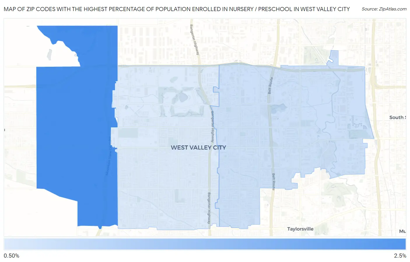Zip Codes with the Highest Percentage of Population Enrolled in Nursery / Preschool in West Valley City Map