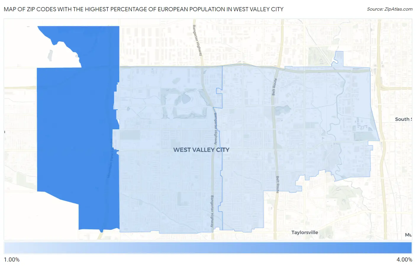 Zip Codes with the Highest Percentage of European Population in West Valley City Map