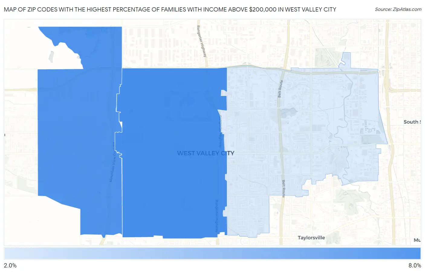 Zip Codes with the Highest Percentage of Families with Income Above $200,000 in West Valley City Map