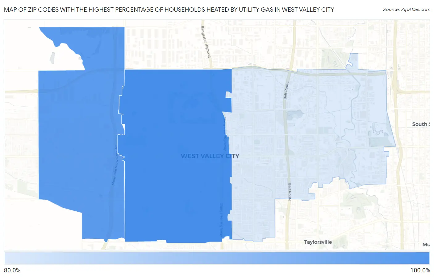 Zip Codes with the Highest Percentage of Households Heated by Utility Gas in West Valley City Map