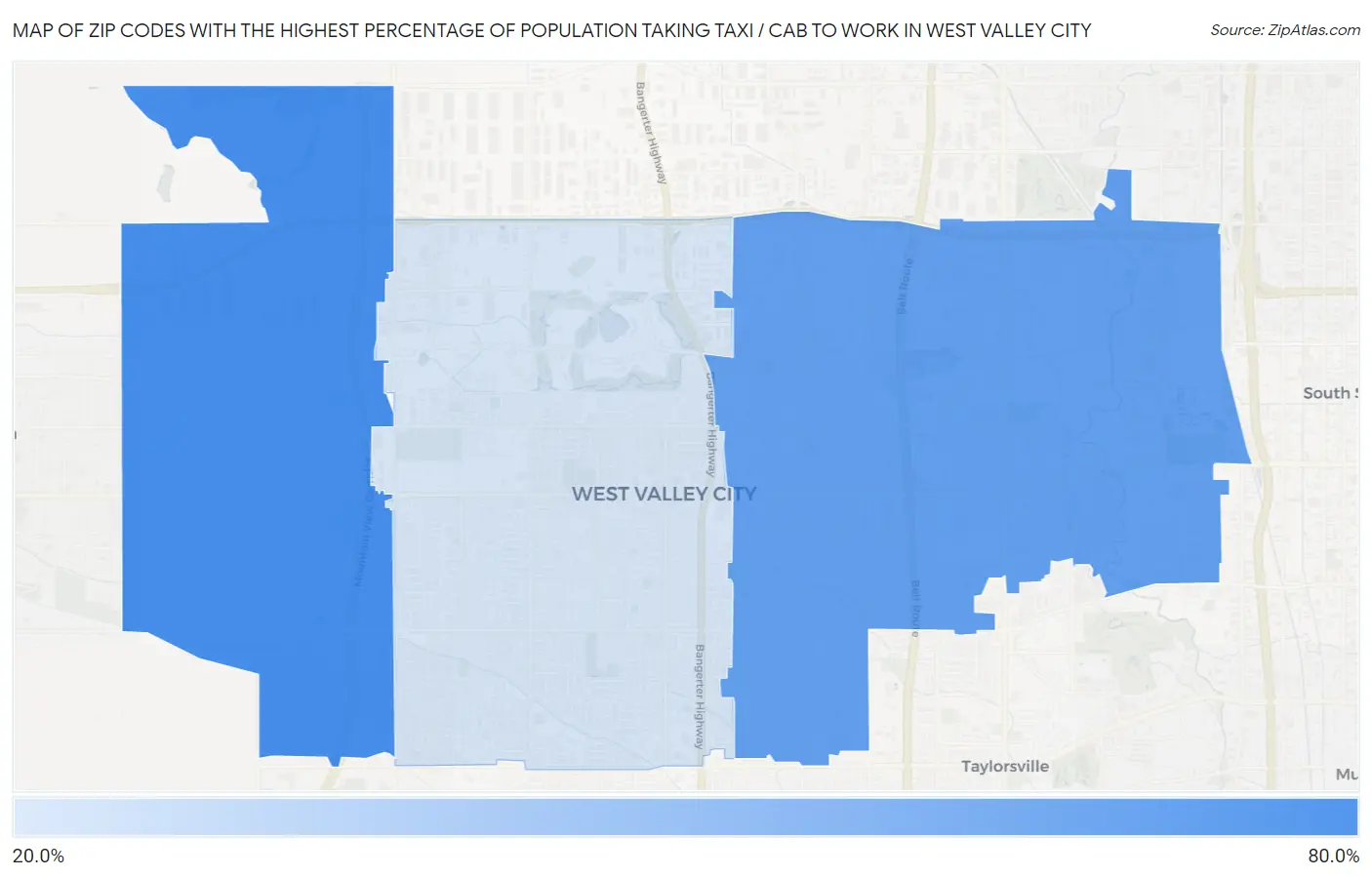 Zip Codes with the Highest Percentage of Population Taking Taxi / Cab to Work in West Valley City Map