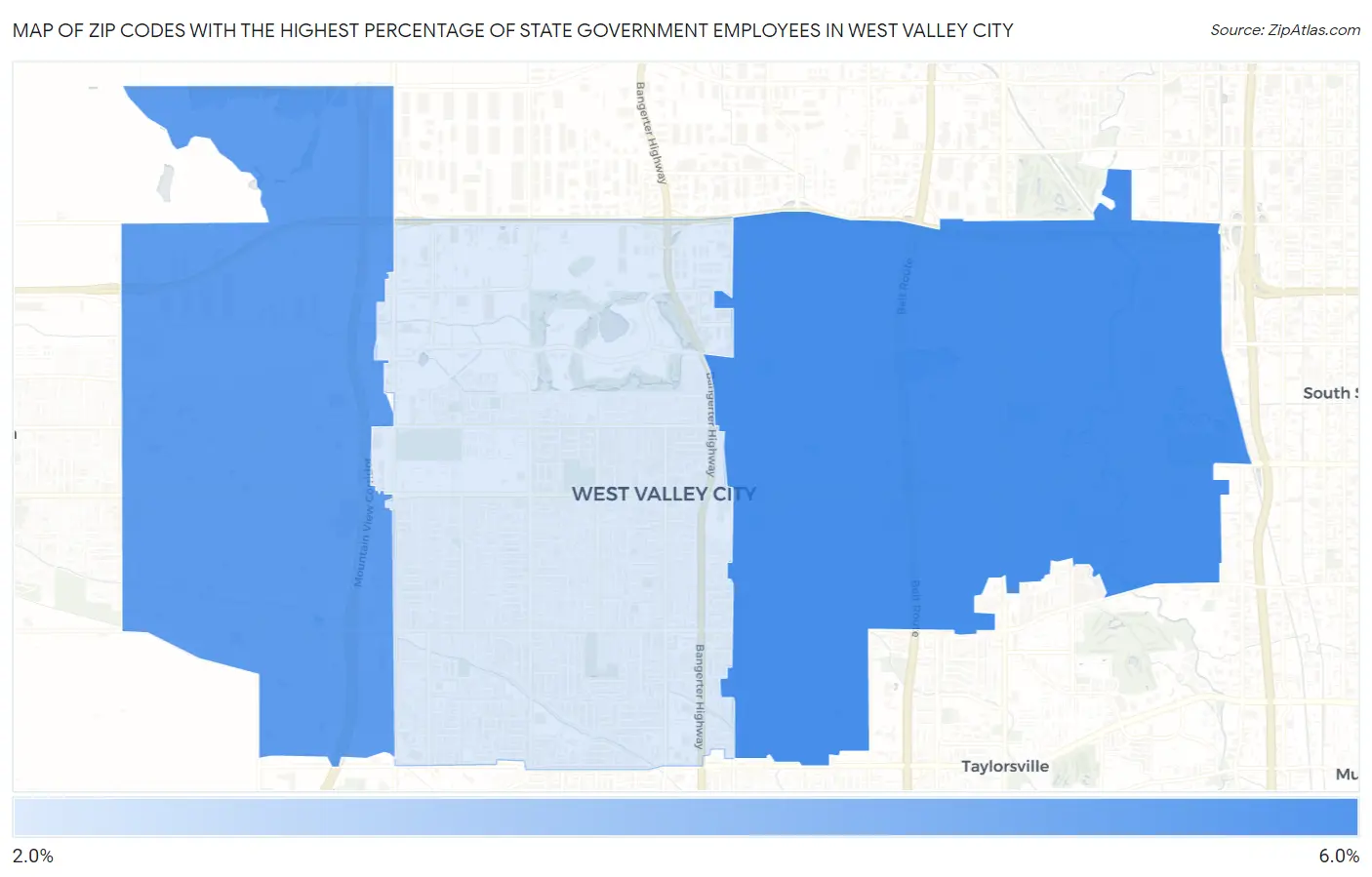 Zip Codes with the Highest Percentage of State Government Employees in West Valley City Map