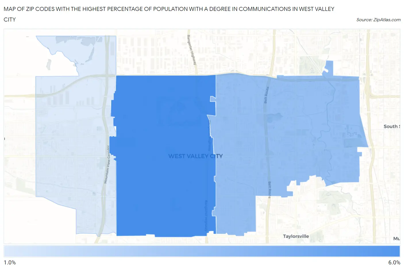 Zip Codes with the Highest Percentage of Population with a Degree in Communications in West Valley City Map