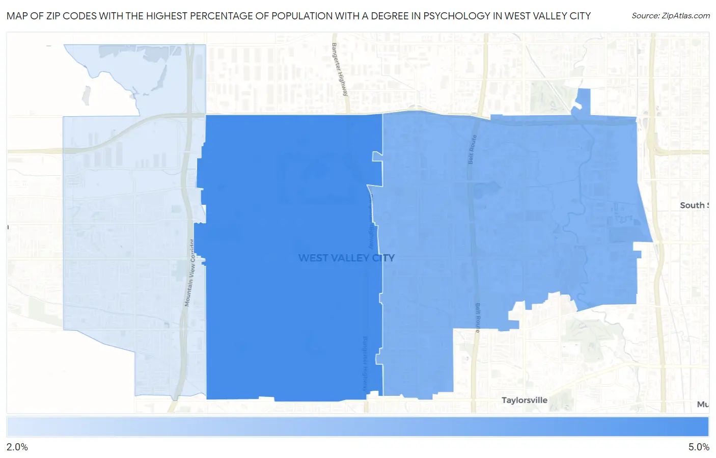 Zip Codes with the Highest Percentage of Population with a Degree in Psychology in West Valley City Map