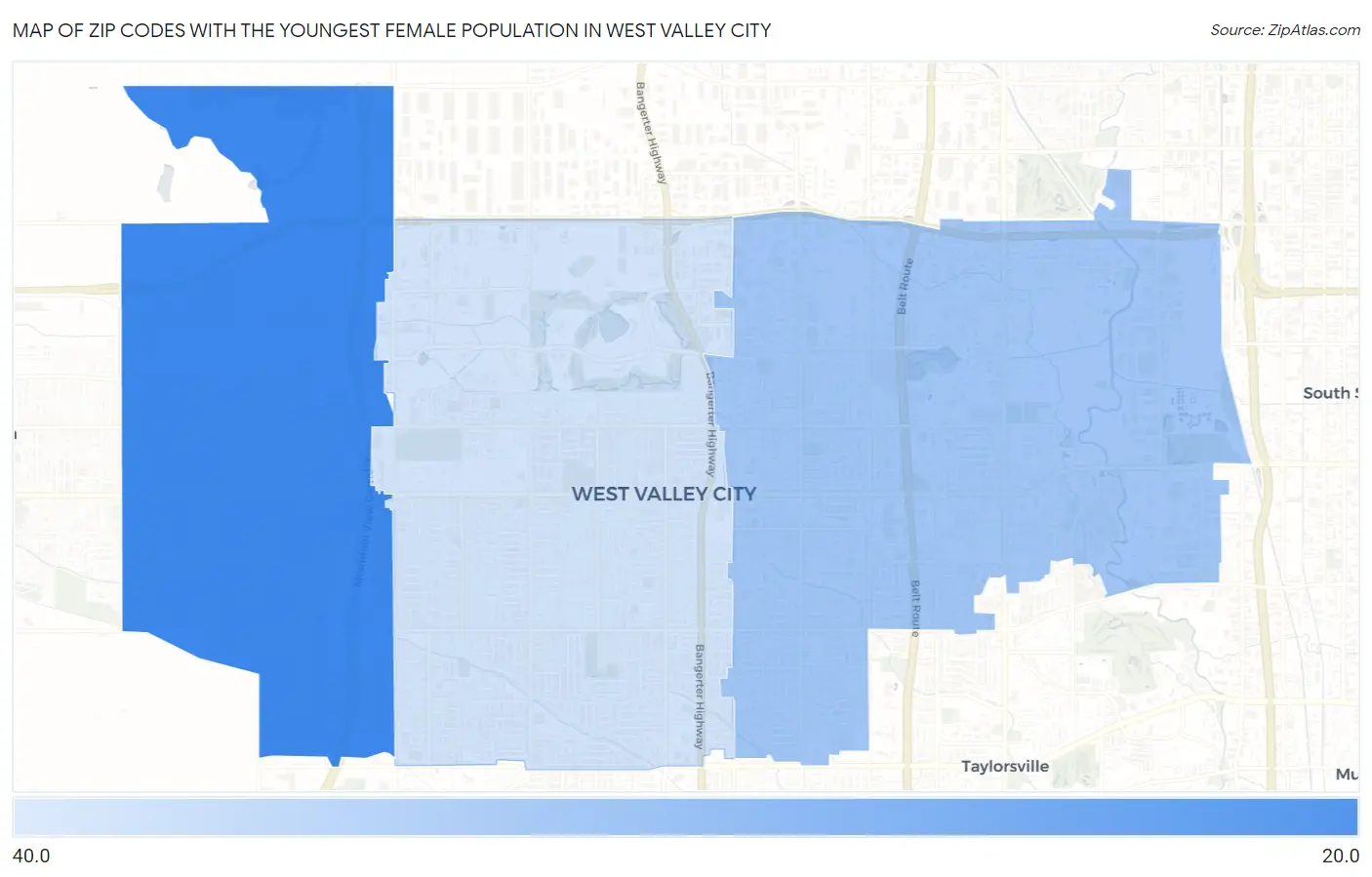 Zip Codes with the Youngest Female Population in West Valley City Map