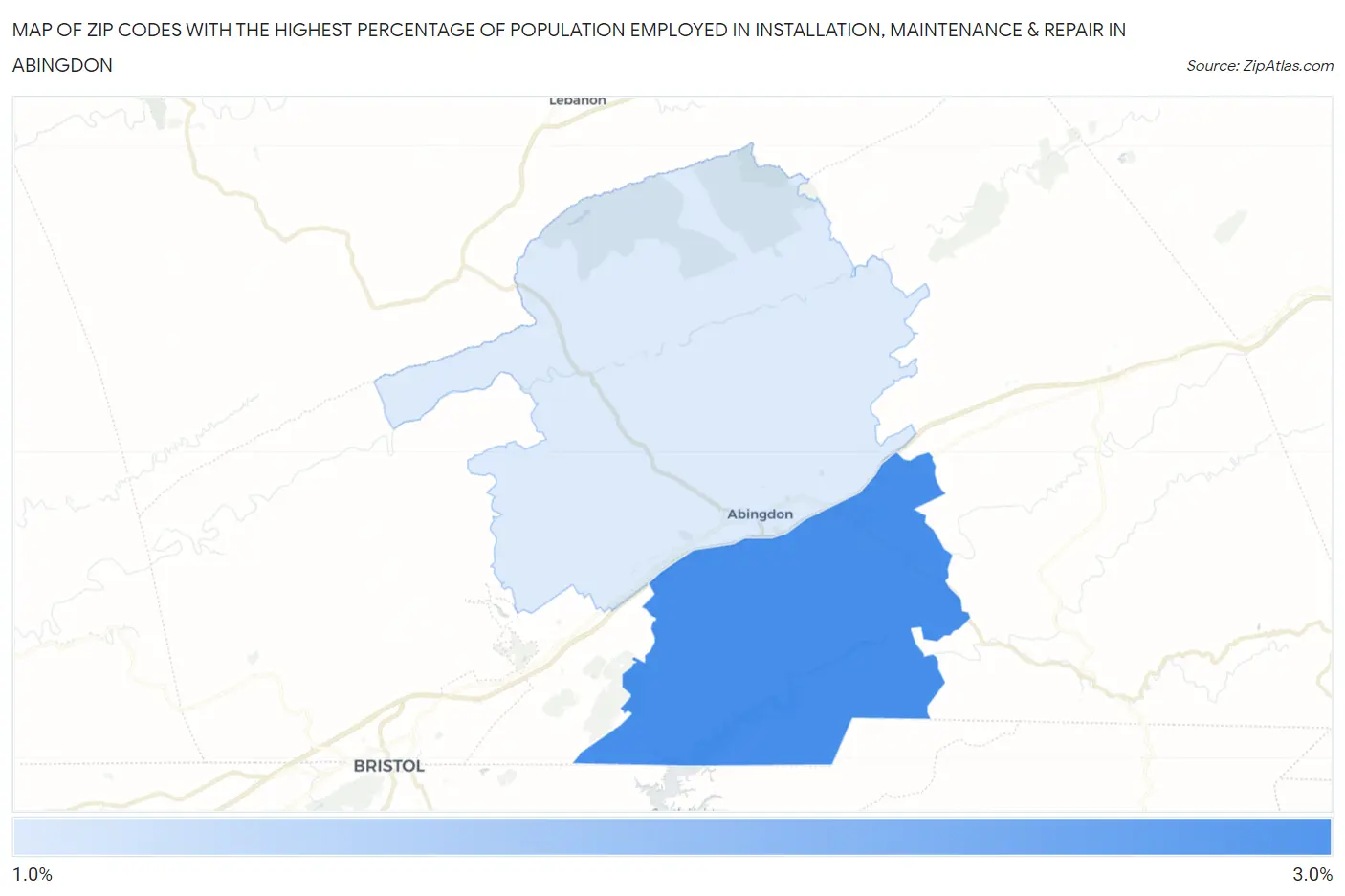 Zip Codes with the Highest Percentage of Population Employed in Installation, Maintenance & Repair in Abingdon Map