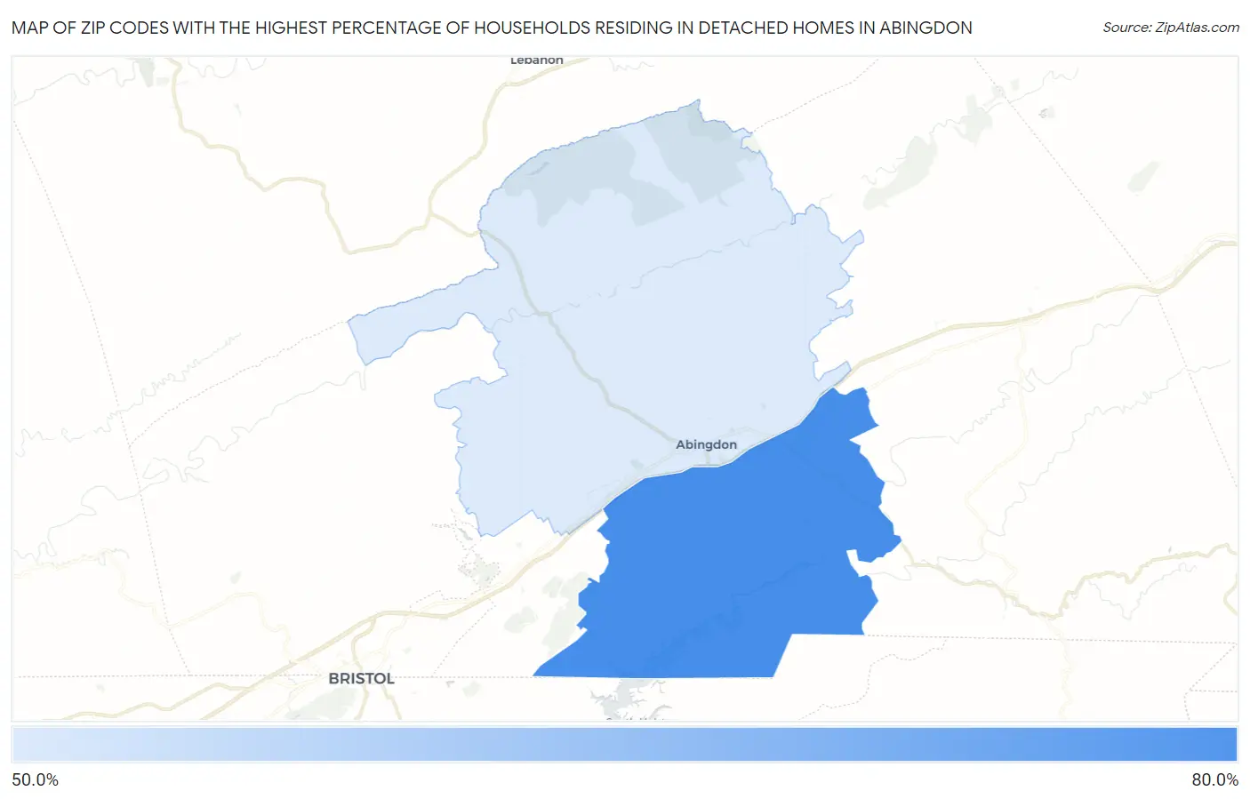Zip Codes with the Highest Percentage of Households Residing in Detached Homes in Abingdon Map