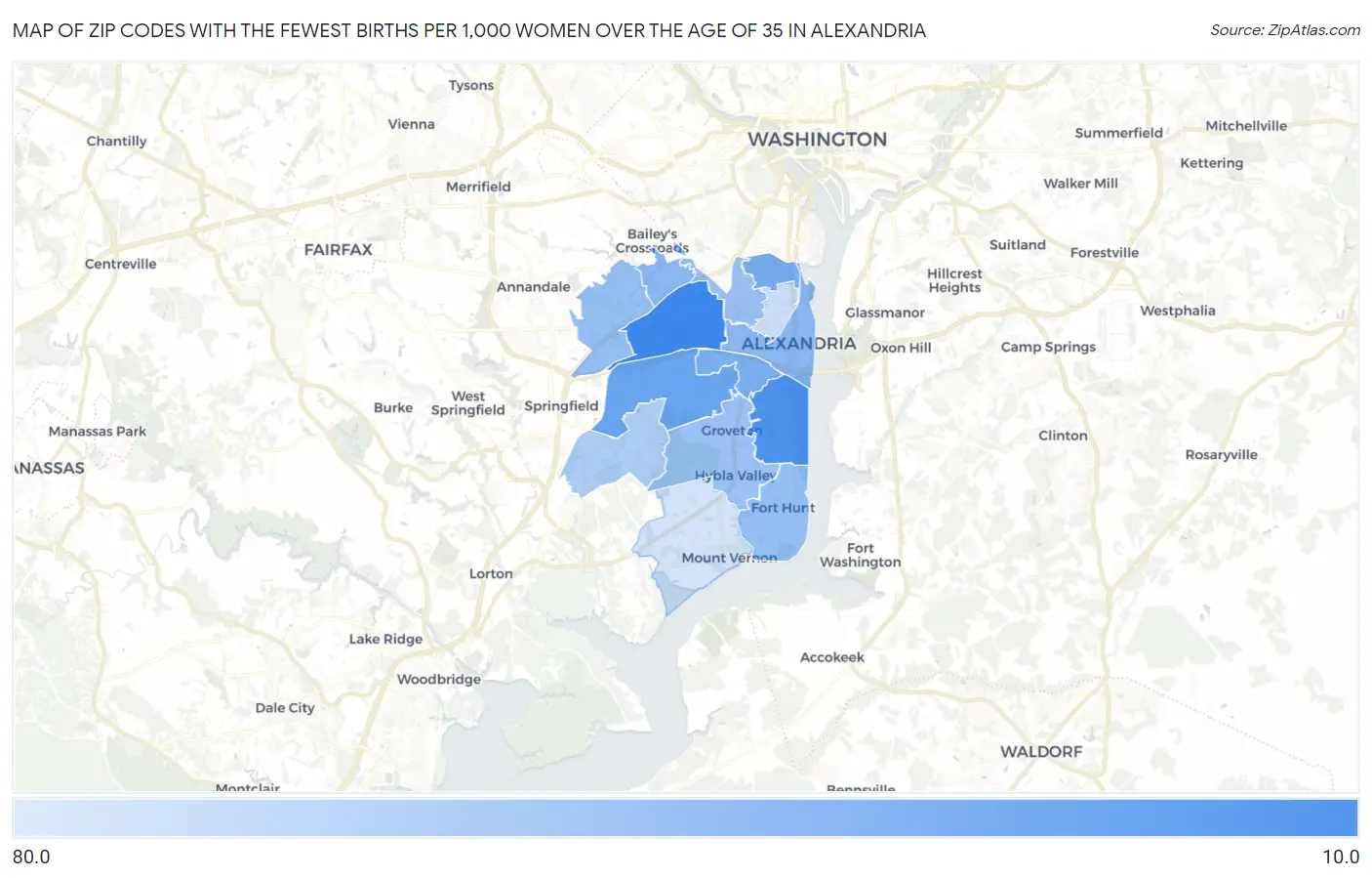 Zip Codes with the Fewest Births per 1,000 Women Over the Age of 35 in Alexandria Map