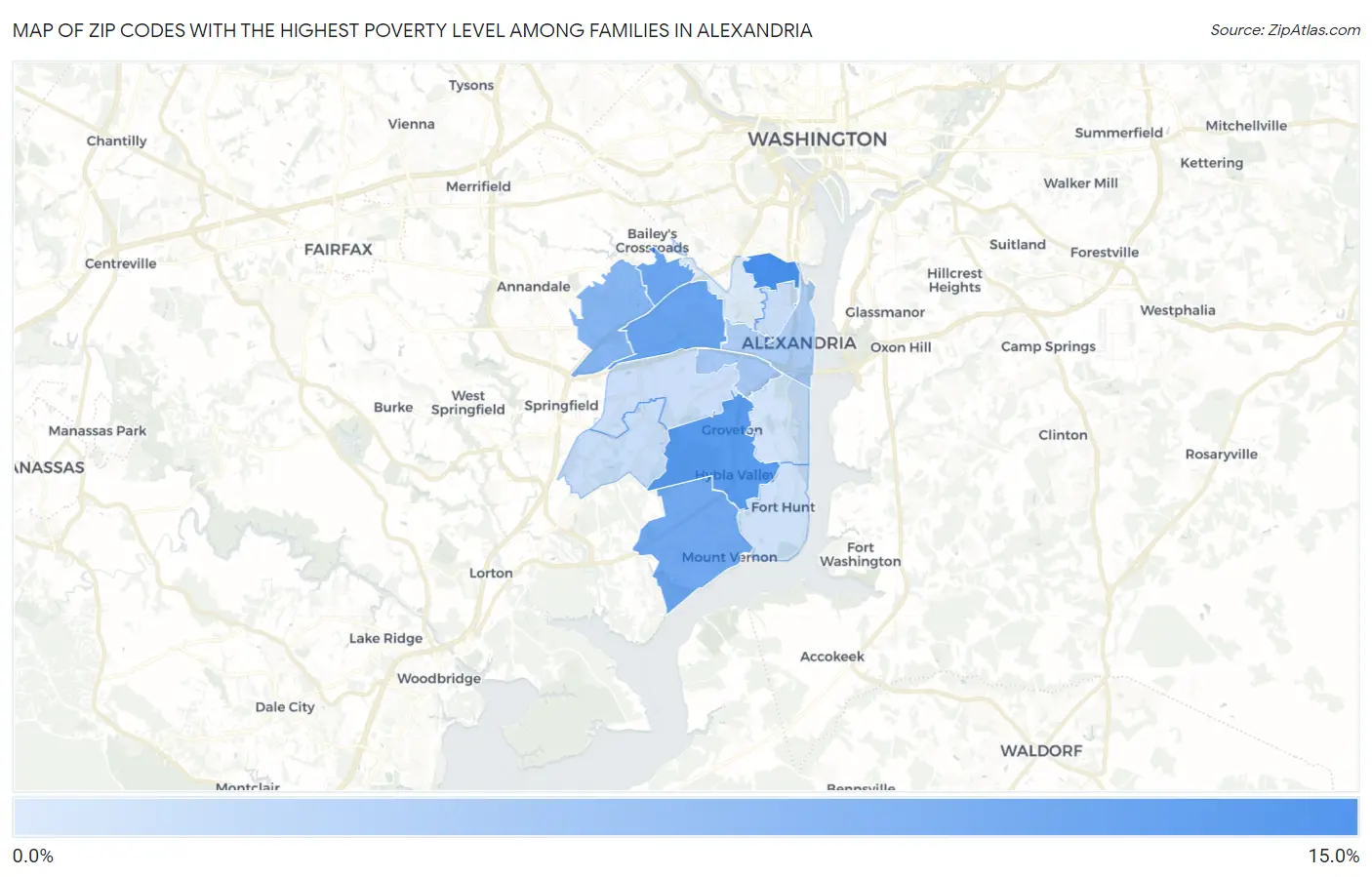 Zip Codes with the Highest Poverty Level Among Families in Alexandria Map