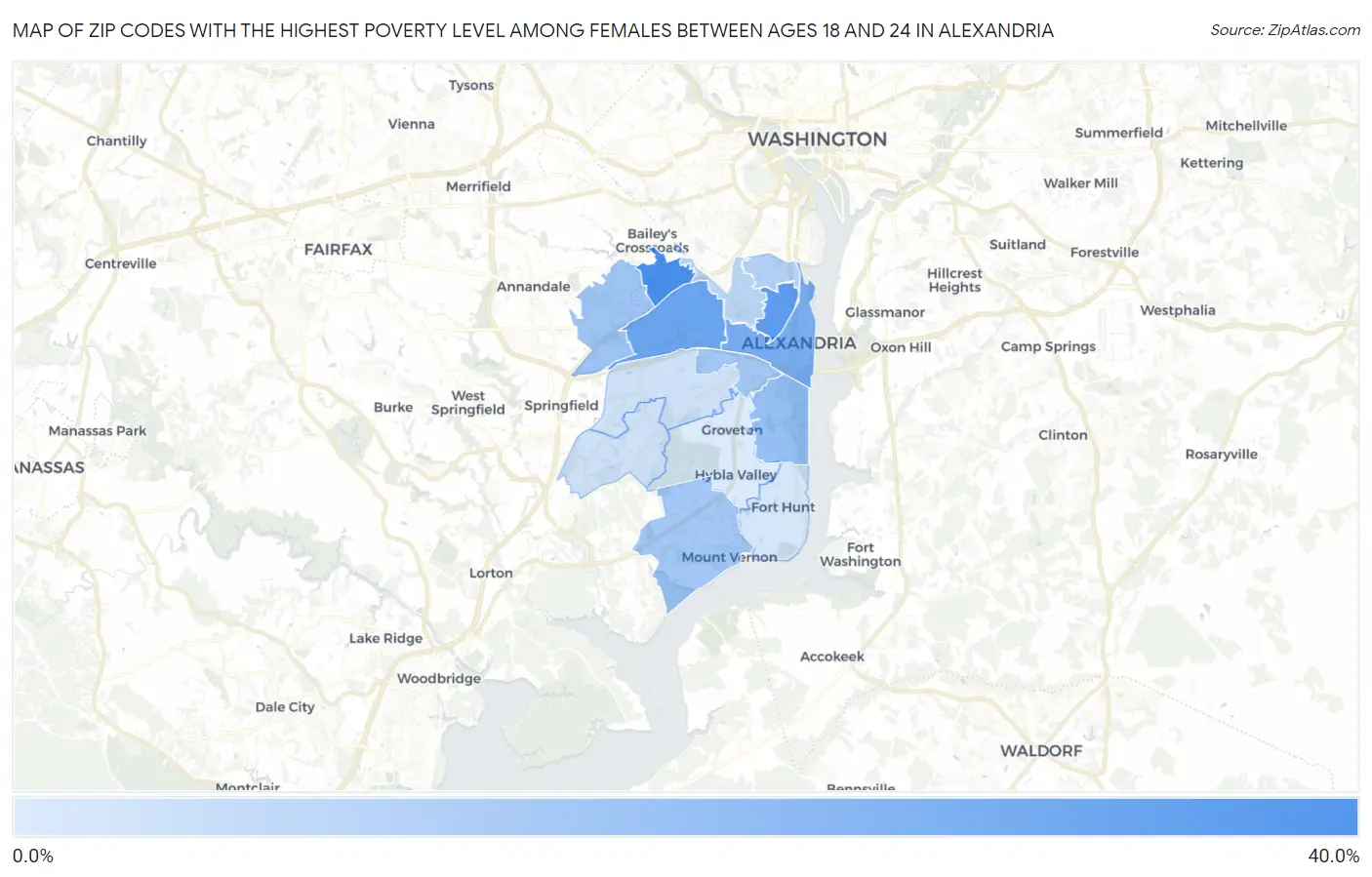 Zip Codes with the Highest Poverty Level Among Females Between Ages 18 and 24 in Alexandria Map