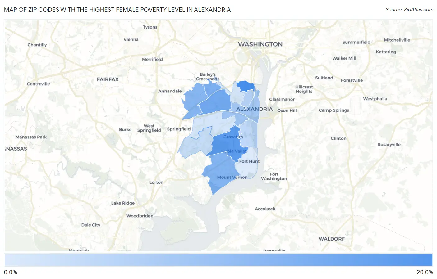 Zip Codes with the Highest Female Poverty Level in Alexandria Map