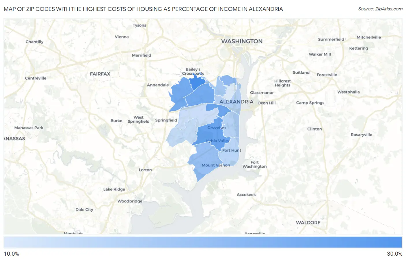 Zip Codes with the Highest Costs of Housing as Percentage of Income in Alexandria Map