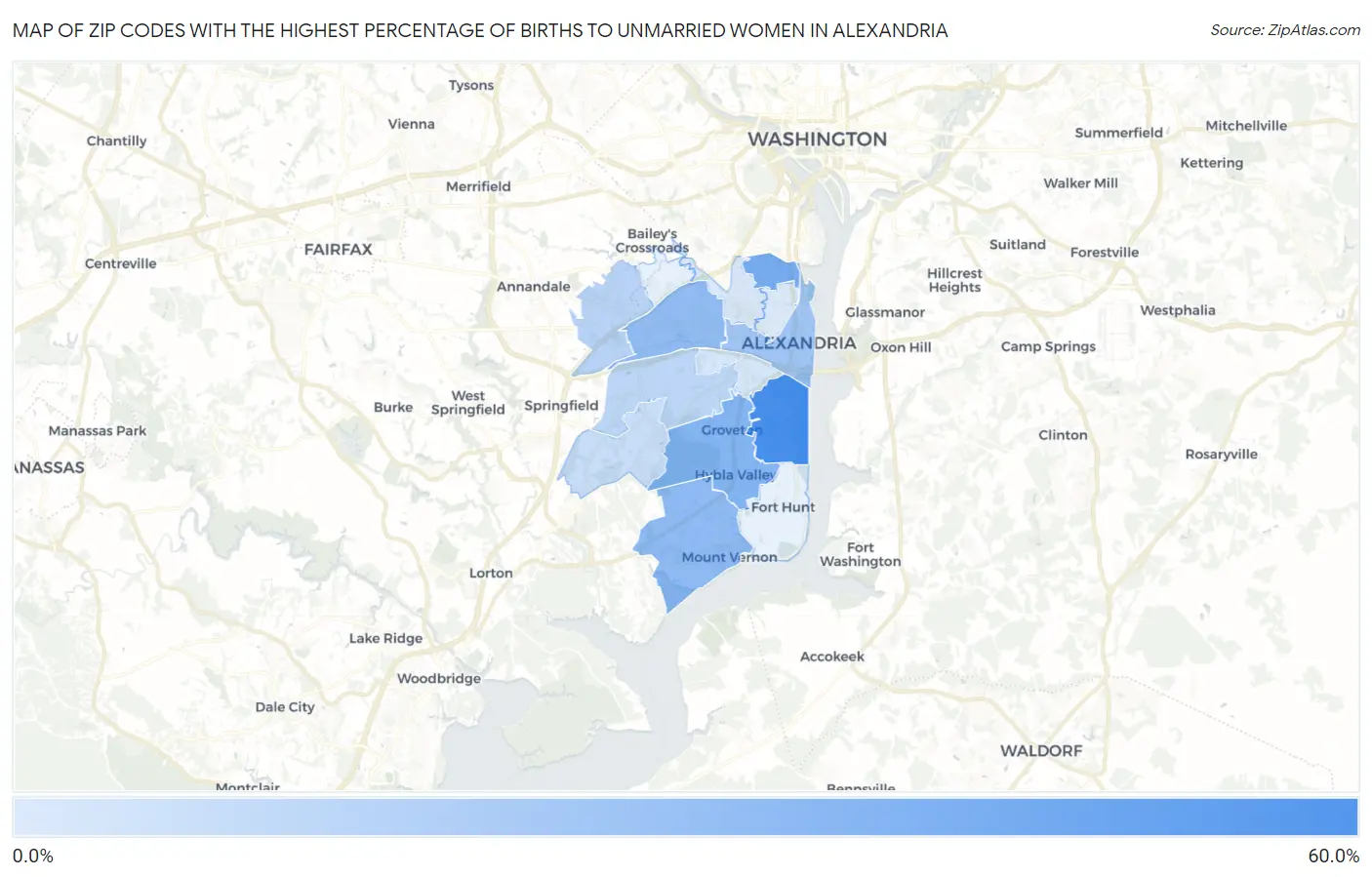 Zip Codes with the Highest Percentage of Births to Unmarried Women in Alexandria Map