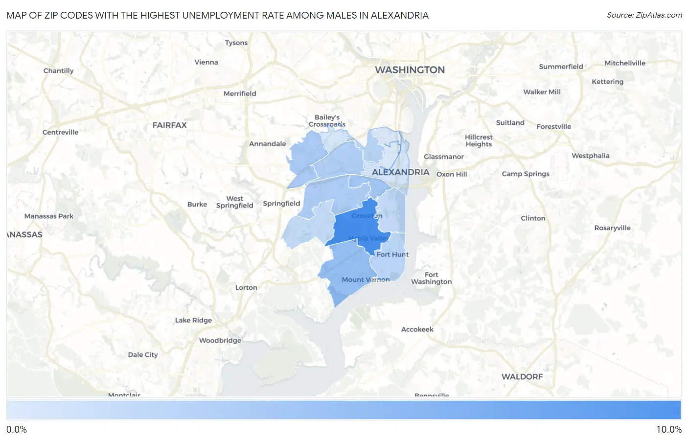 Zip Codes with the Highest Unemployment Rate Among Males in Alexandria Map