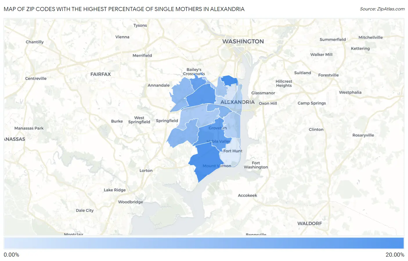 Zip Codes with the Highest Percentage of Single Mothers in Alexandria Map