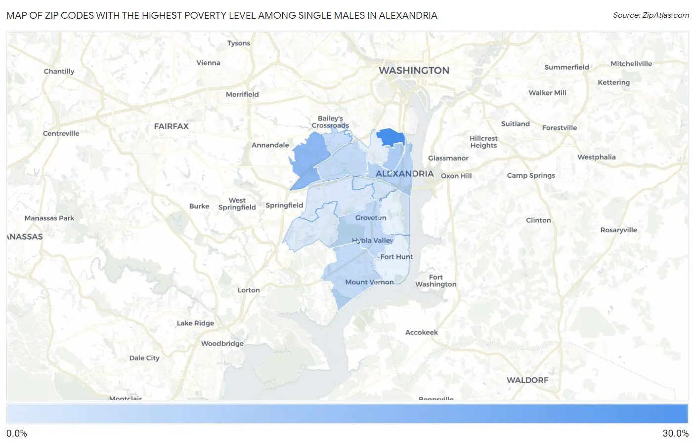 Zip Codes with the Highest Poverty Level Among Single Males in Alexandria Map