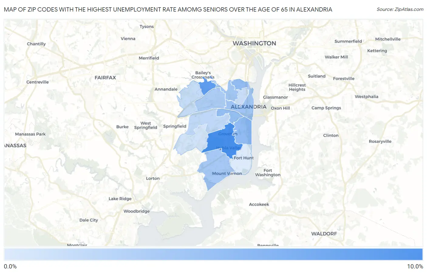 Zip Codes with the Highest Unemployment Rate Amomg Seniors Over the Age of 65 in Alexandria Map