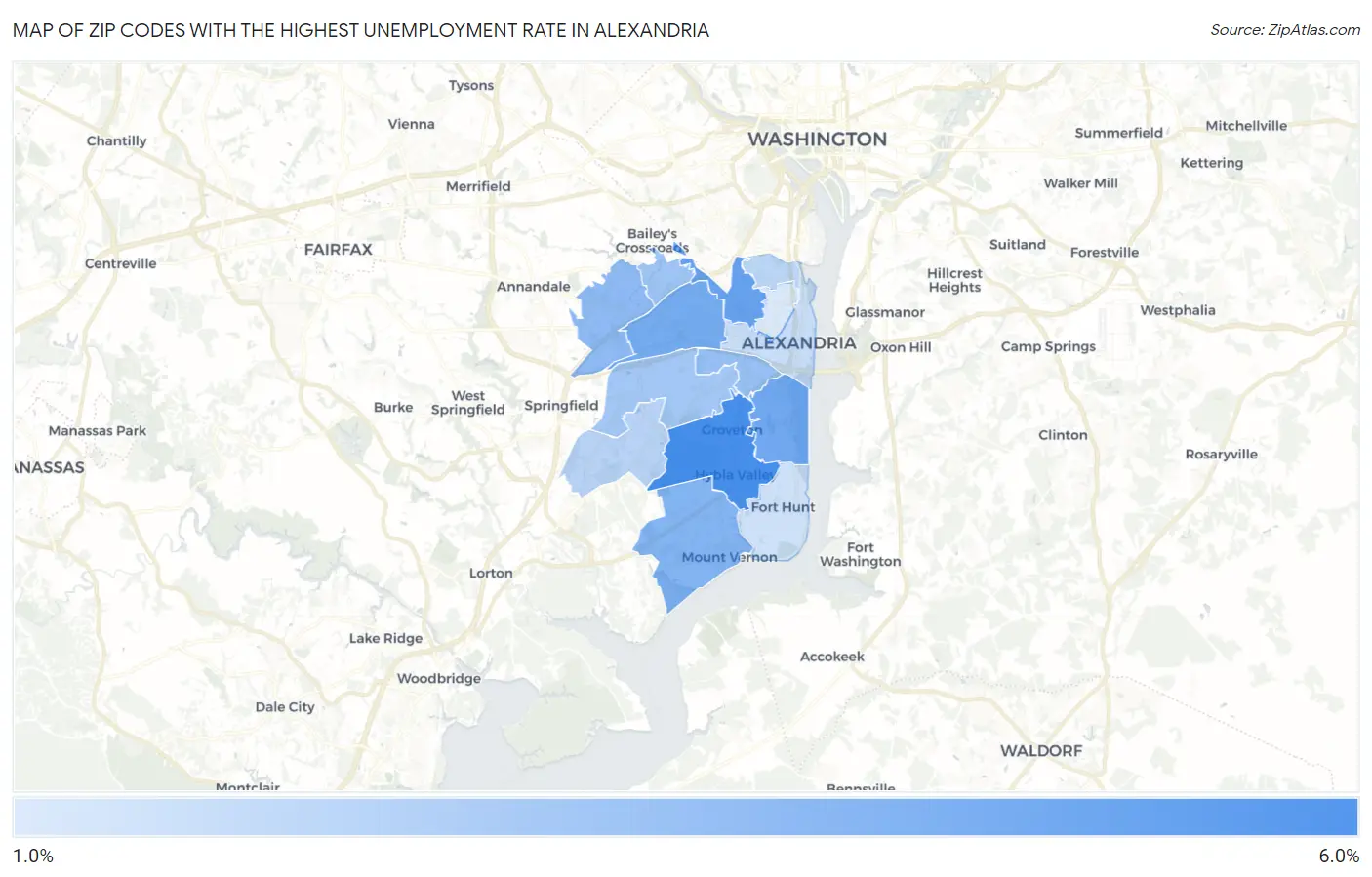 Zip Codes with the Highest Unemployment Rate in Alexandria Map