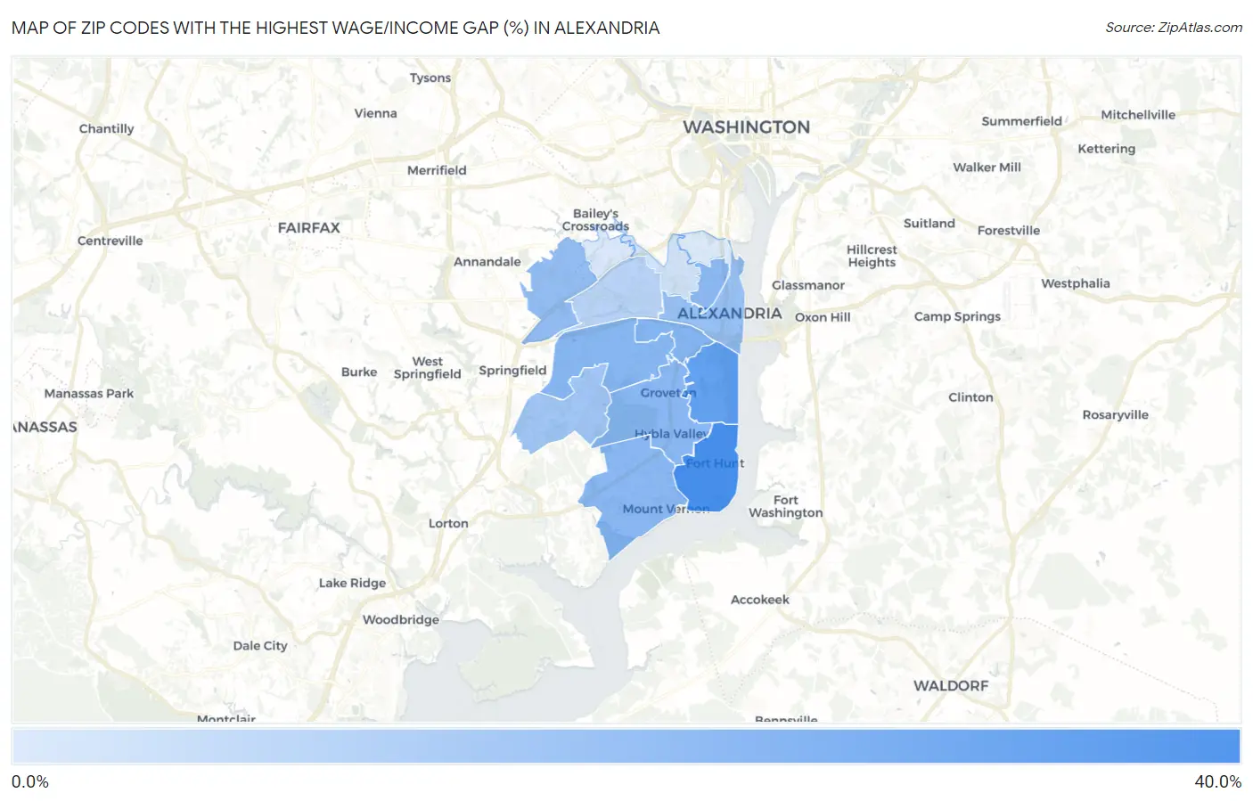 Zip Codes with the Highest Wage/Income Gap (%) in Alexandria Map