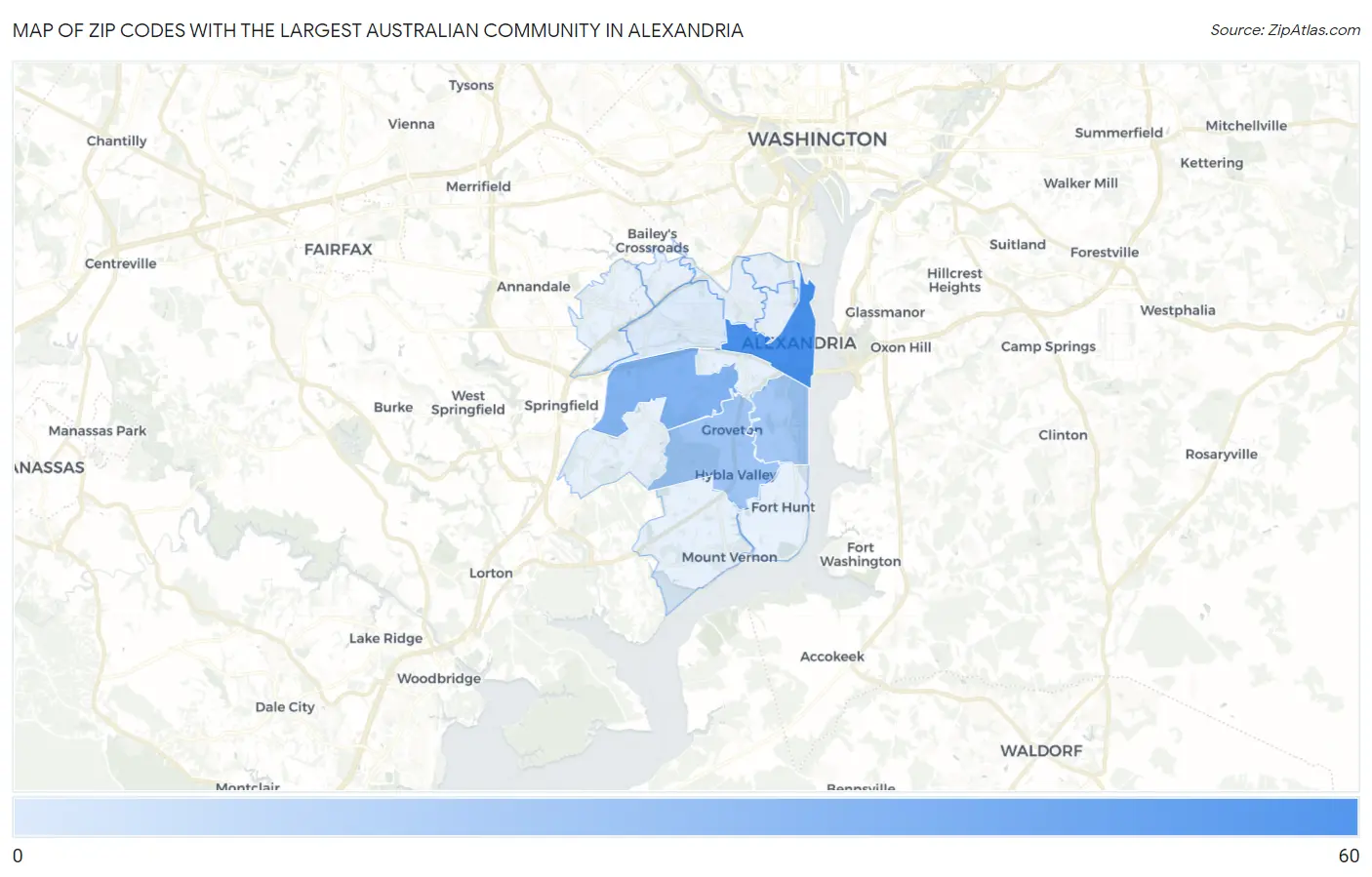 Zip Codes with the Largest Australian Community in Alexandria Map
