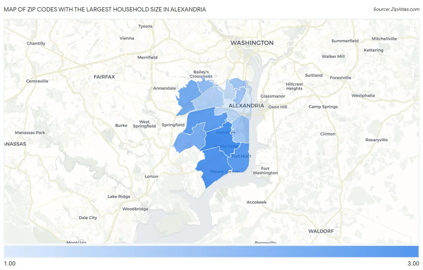 Zip Codes with the Largest Household Size in Alexandria Map