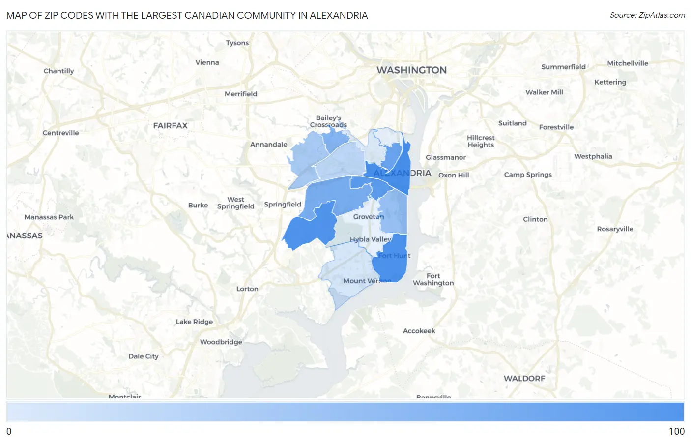 Zip Codes with the Largest Canadian Community in Alexandria Map