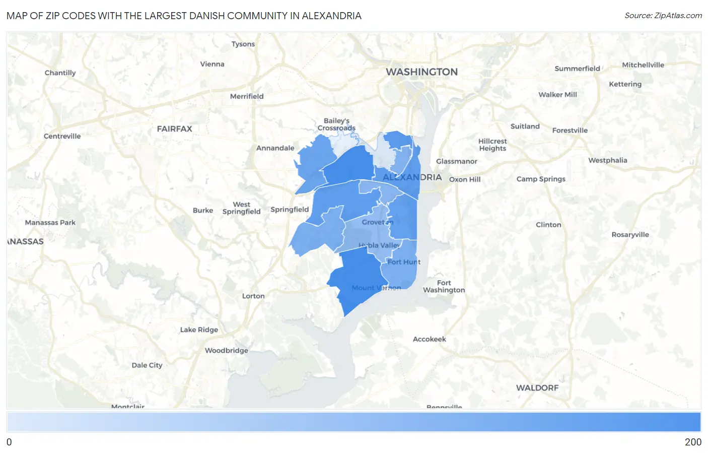Zip Codes with the Largest Danish Community in Alexandria Map
