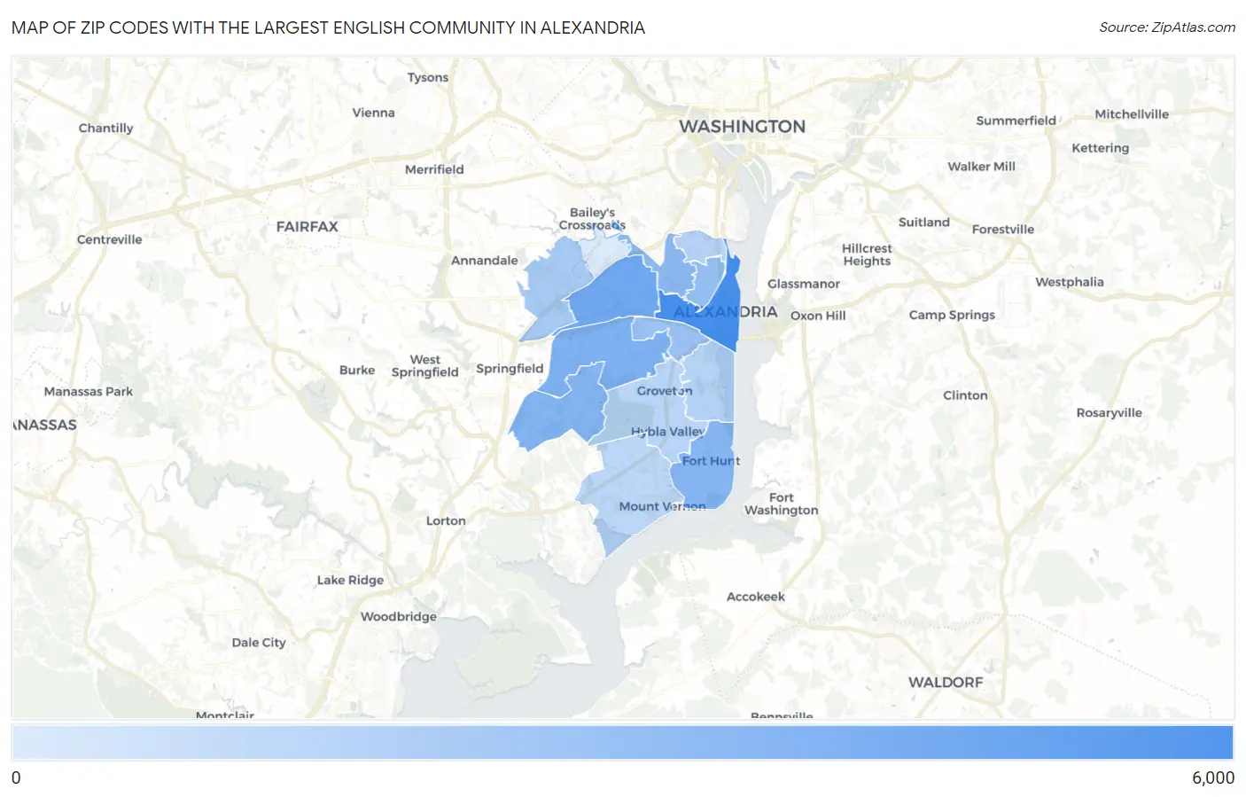 Zip Codes with the Largest English Community in Alexandria Map