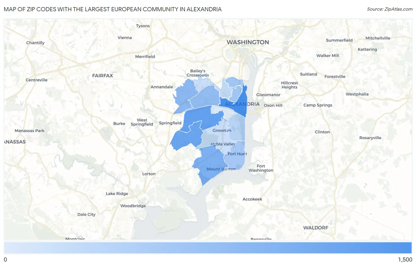 Zip Codes with the Largest European Community in Alexandria Map