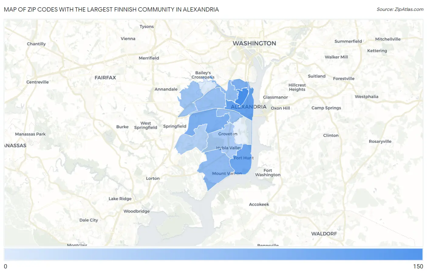 Zip Codes with the Largest Finnish Community in Alexandria Map