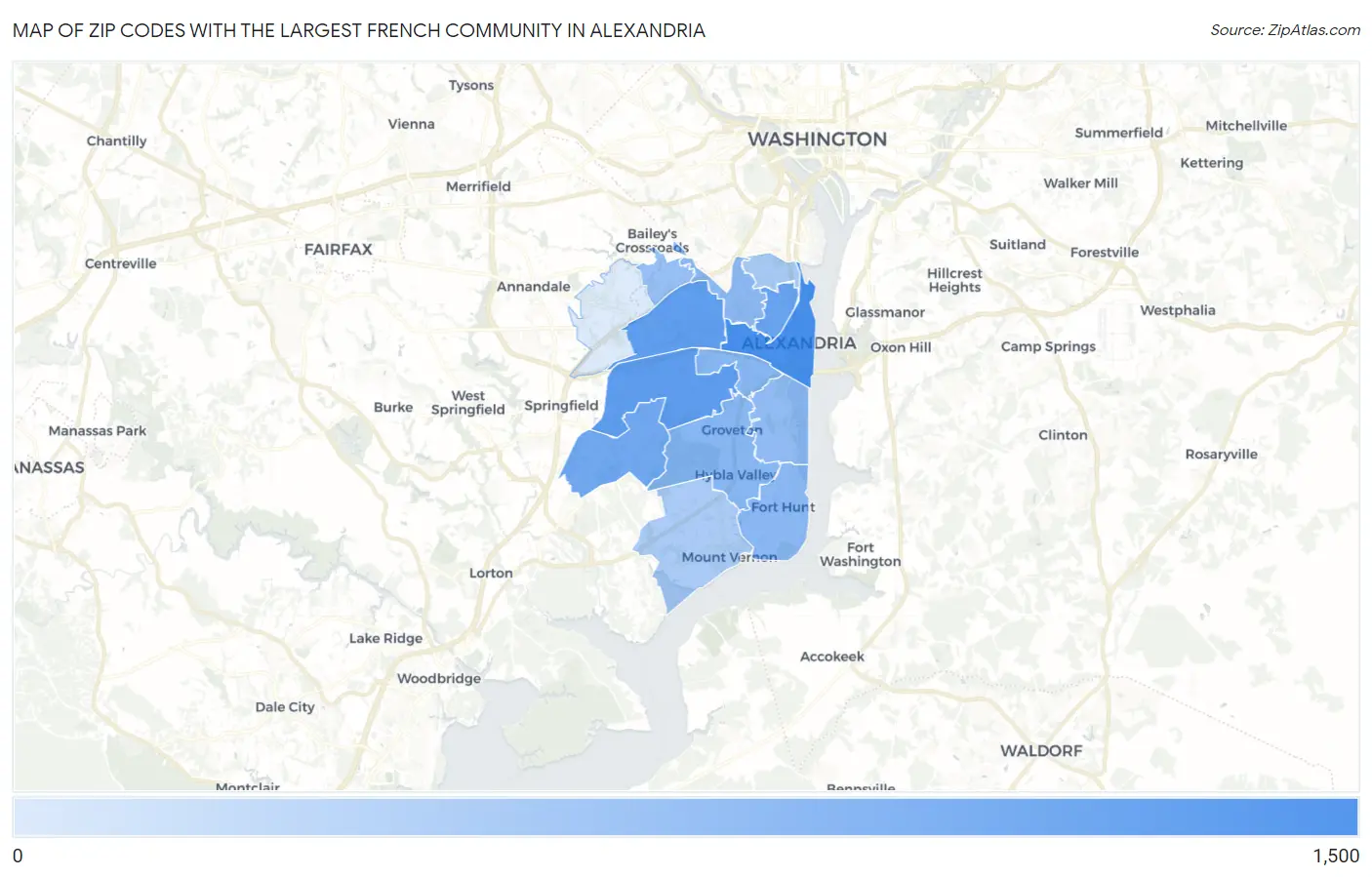 Zip Codes with the Largest French Community in Alexandria Map