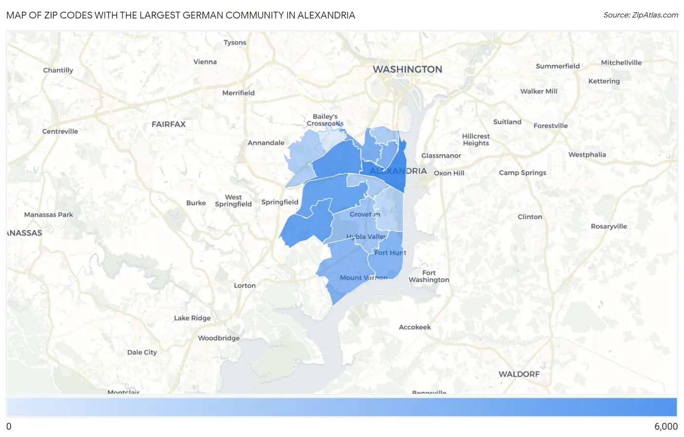 Zip Codes with the Largest German Community in Alexandria Map