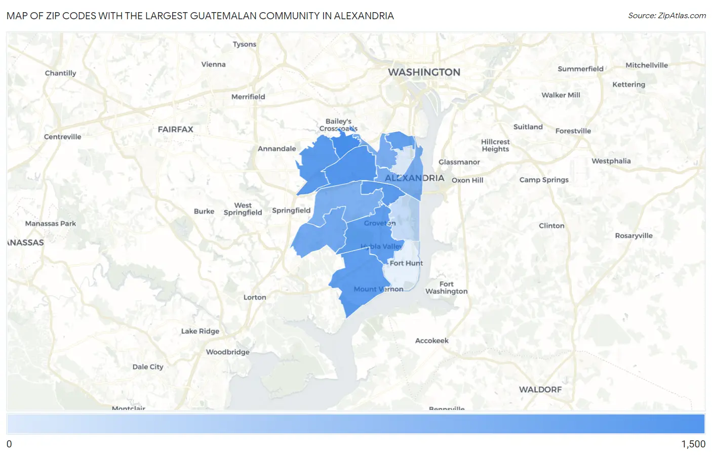 Zip Codes with the Largest Guatemalan Community in Alexandria Map