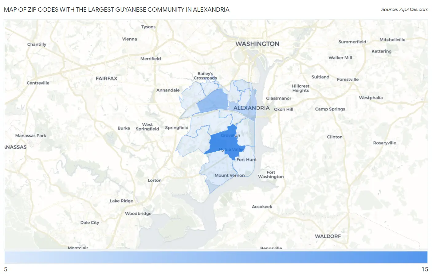 Zip Codes with the Largest Guyanese Community in Alexandria Map